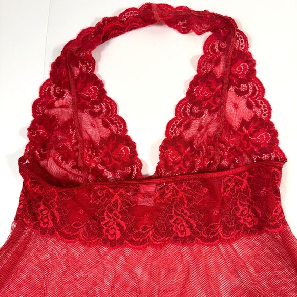 Victoria's Secret Red Lace Halter Mesh Babydoll Chemise Sz Small Sheer 2006 Y2K - Picture 3 of 9
